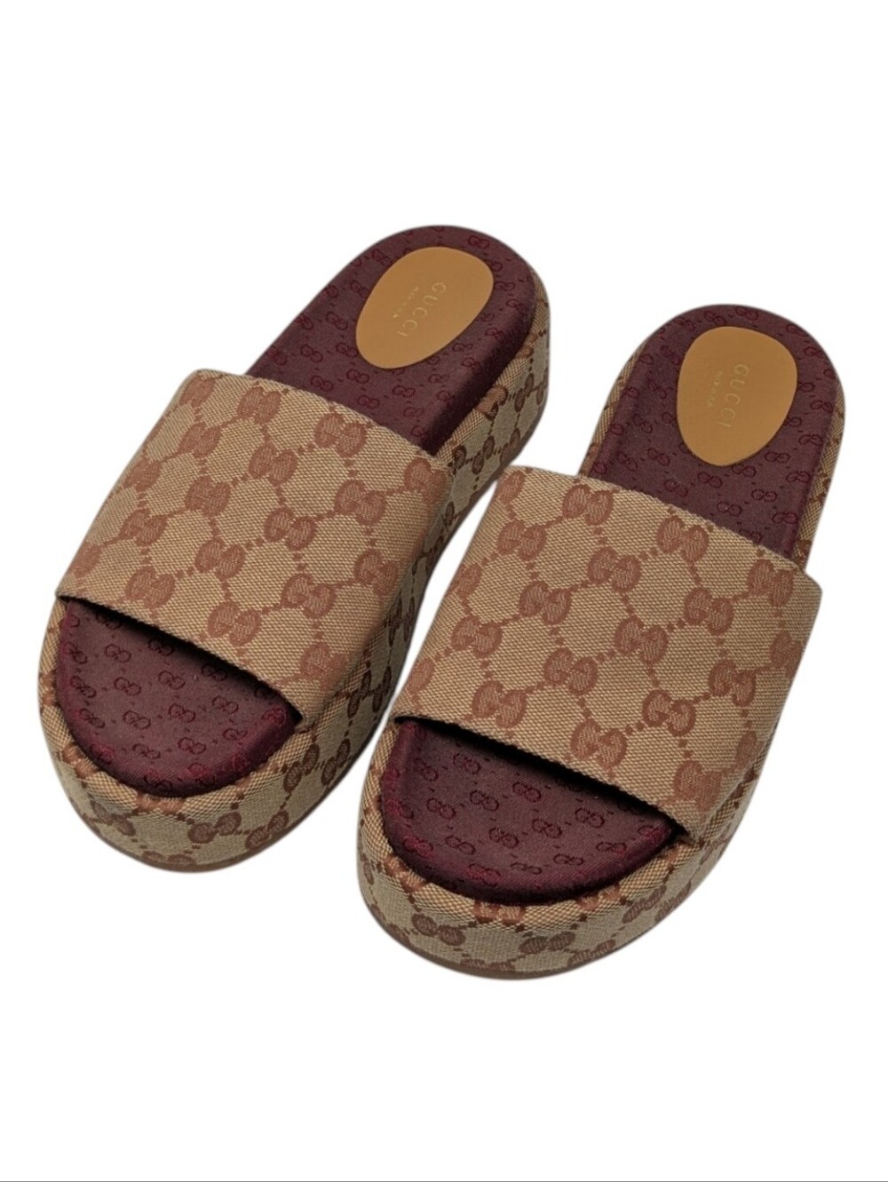 Gucci Angelina Burgundy Rust GG Monogram Canvas Platform Slide Sandal Size EU 38 - Picture 3 of 9